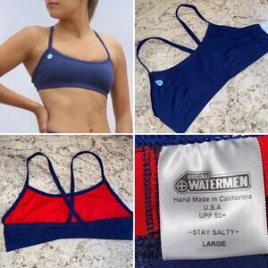 Original Watermen $40 Lifeguard Sport Bikini Top Navy UPF 50 LG NWOT